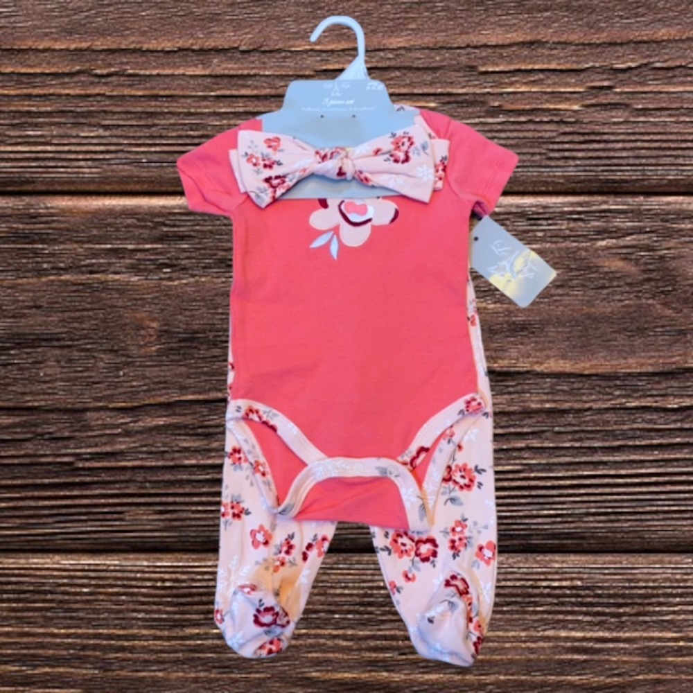 NWT Le Top Bebe 3pc Floral Onesie, Pants & Headband Outfit